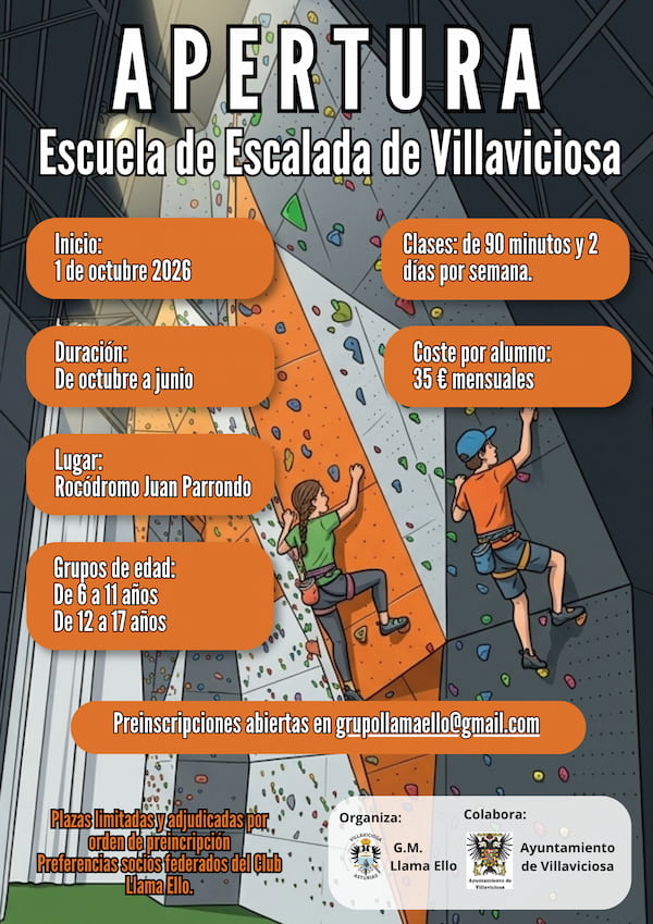 Cartel de apertura de la Escuela de Escalada de Villaviciosa 2026