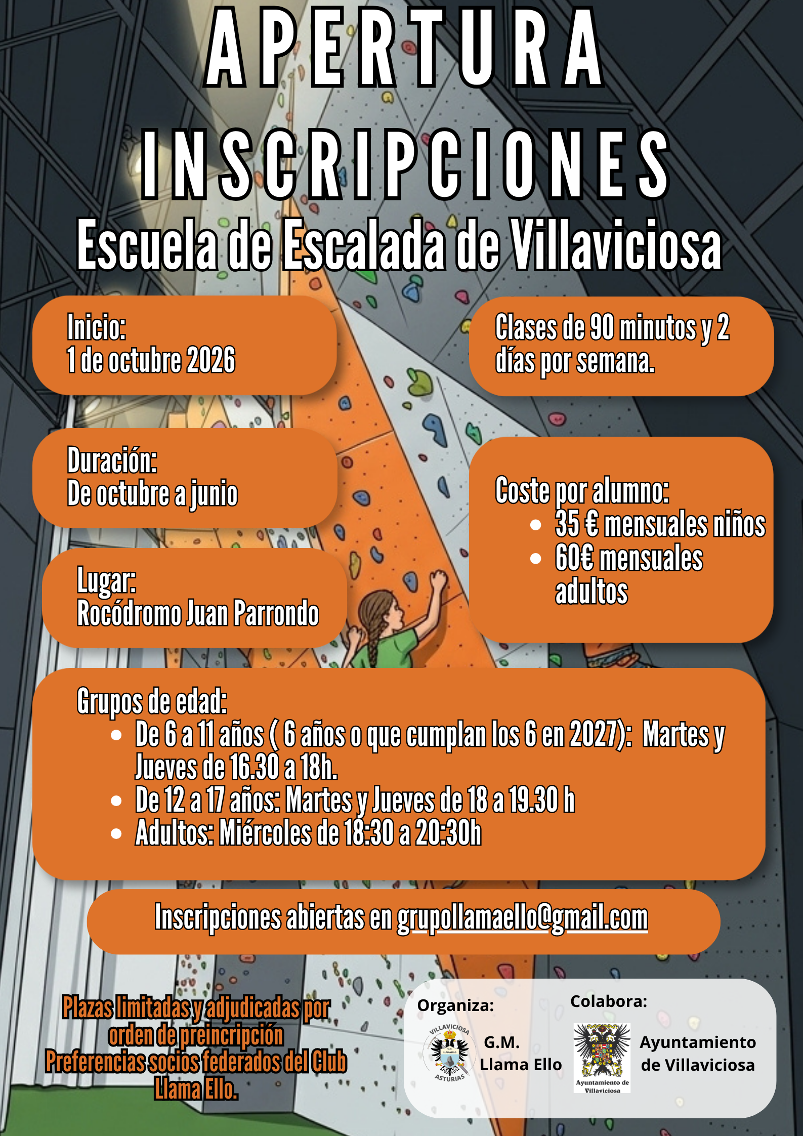 Registration poster for Villaviciosa Climbing School, 2026/2027 season (in Spanish)
